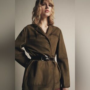 Zara zw collection genuine suede leather oversized jacket in olive green khaki